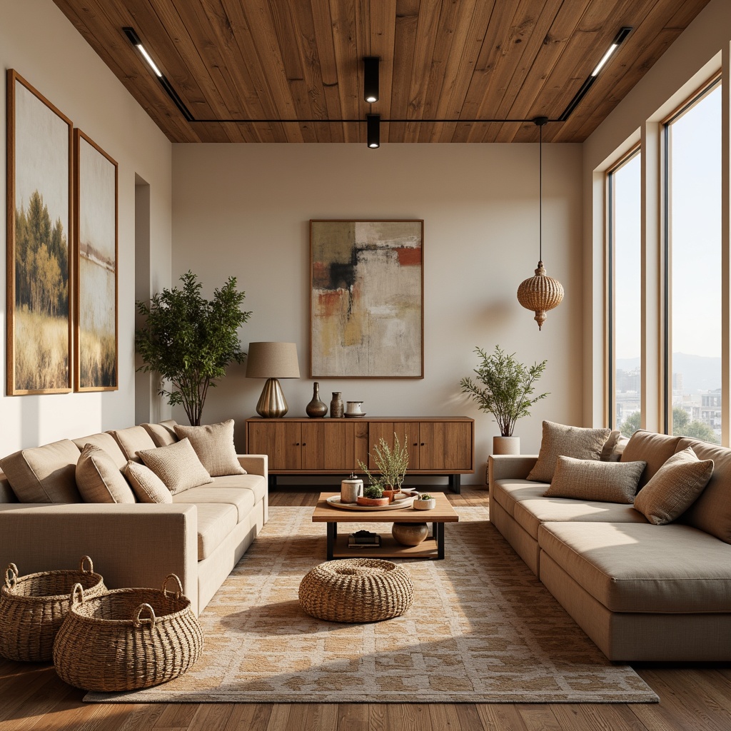 Prompt: Cozy living room, plush sofas, soft cushions, velvet fabrics, warm beige colors, natural wood accents, woven baskets, Moroccan-inspired patterns, abstract art pieces, floor-to-ceiling windows, diffused soft lighting, 1/1 composition, realistic textures, ambient occlusion.