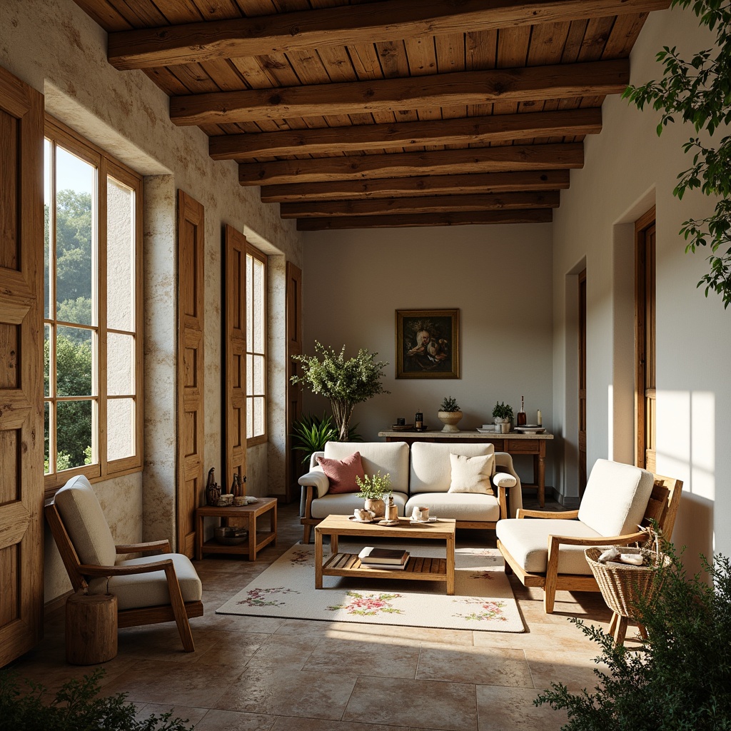 Prompt: Rustic French country estate, stone facade, wooden shutters, distressed wood accents, vintage metal door hardware, soft pastel colors, natural linen fabrics, distressed leather furniture, antique decor pieces, floral patterned rugs, candlelit ambiance, warm golden lighting, shallow depth of field, 1/2 composition, cozy interior atmosphere, realistic wood textures, ambient occlusion.