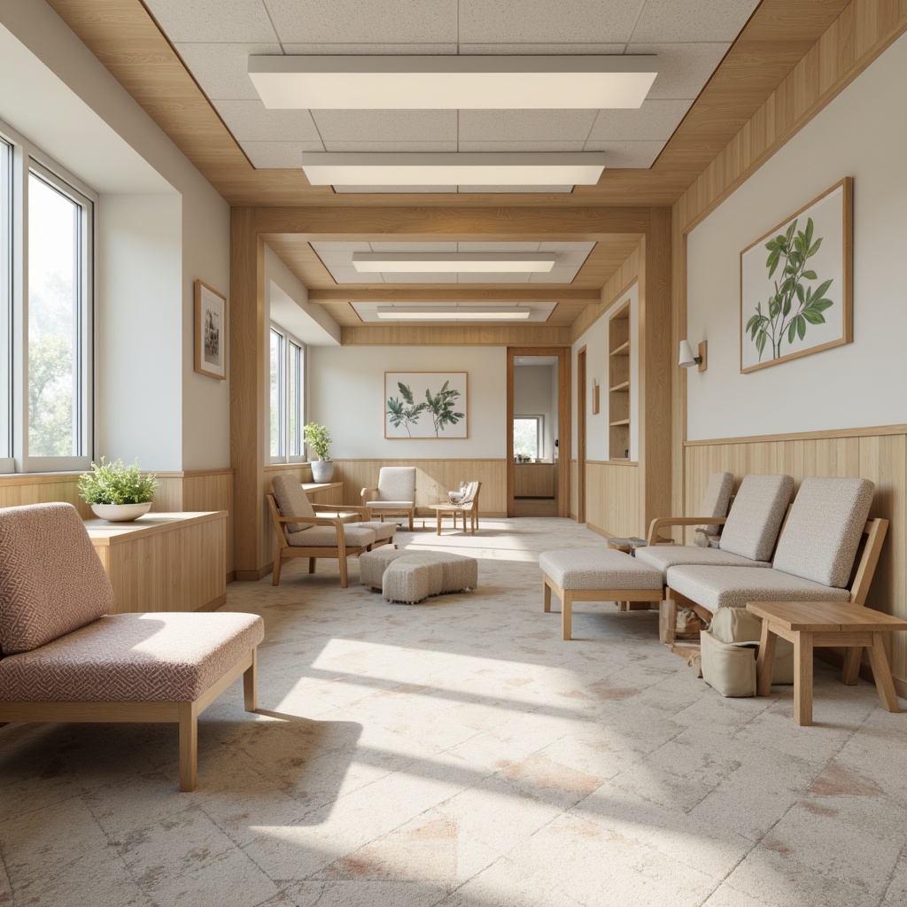 Prompt: Cozy hospital interior, soft pastel colors, natural wood accents, comfortable furniture, calming textiles, woven upholstery fabrics, subtle geometric patterns, gentle lighting, warm ambiance, Nordic-inspired design, minimal ornamentation, functional simplicity, acoustic panels, sound-absorbing materials, quiet atmosphere, nature-inspired artwork, botanical prints, serene waiting areas, peaceful patient rooms, gentle color palette, soft furnishing, inviting corridors, calming ambiance, natural light, 1/1 composition, realistic textures, ambient occlusion.