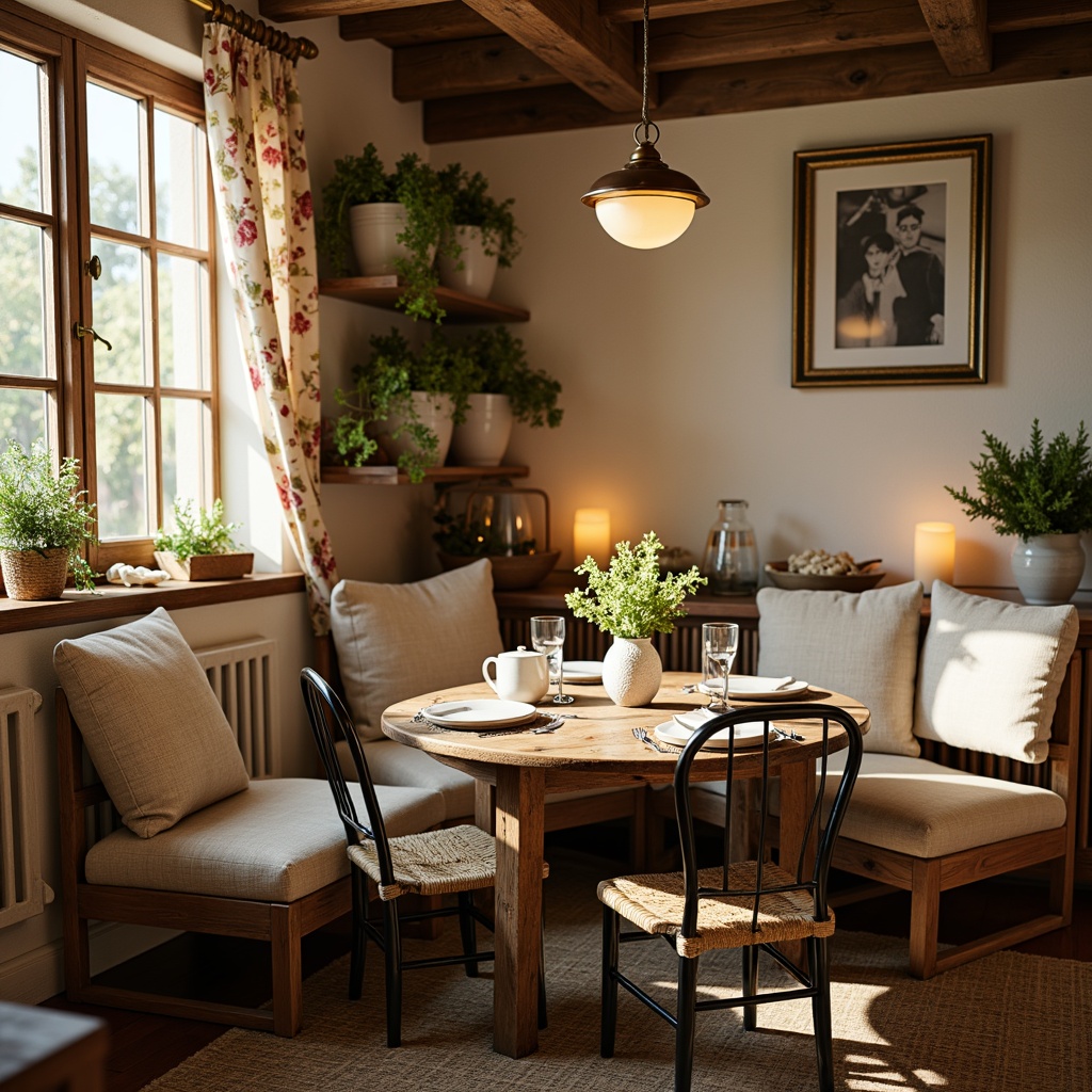 Prompt: Cozy breakfast nook, rustic wooden tables, vintage metal chairs, woven jute rugs, natural stone walls, earthy color palette, warm candle lighting, soft morning sunlight, distressed wood accents, floral patterned curtains, vintage farmhouse decor, ceramic vases, potted greenery, woven baskets, burlap upholstery, country-inspired textiles, linen napkins, wooden utensils, antique metalware, warm beige tones, inviting ambiance, shallow depth of field, 1/2 composition, realistic textures.