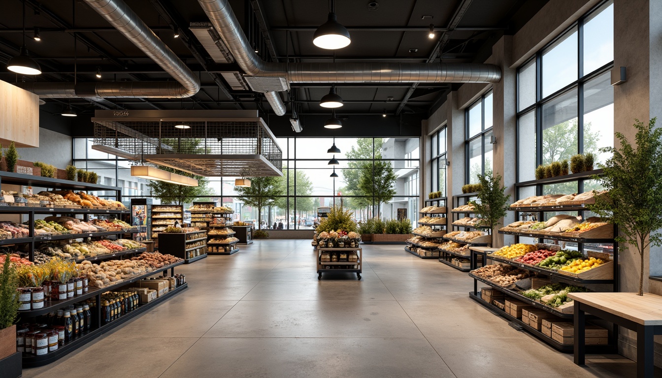 Prompt: Modern grocery store interior, sleek metal shelves, polished concrete floors, exposed ductwork, industrial chic atmosphere, LED track lighting, suspended linear fixtures, minimalist pendant lights, warm white illumination, energy-efficient solutions, natural light pouring in through large windows, subtle color temperature shifts, 3/4 composition, shallow depth of field, realistic textures, ambient occlusion.