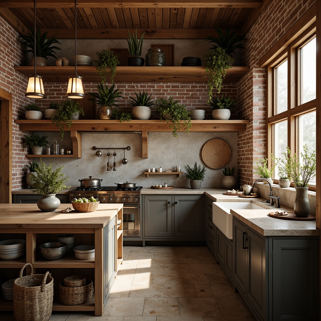 Prompt: Rustic kitchen, wooden open shelving, exposed brick walls, vintage metal fixtures, earthy color palette, natural stone countertops, butcher block islands, pendant lanterns, distressed wood cabinets, farmhouse sink, antique appliances, woven baskets, ceramic vases, greenery decorations, warm ambient lighting, shallow depth of field, 2/3 composition, realistic textures.