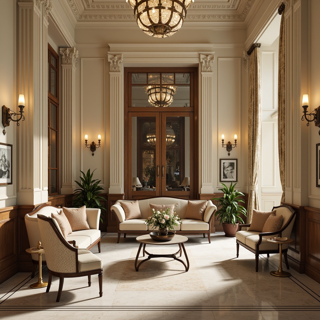 Prompt: Elegant neoclassical interior, soft cream walls, rich walnut wood furniture, ornate gold accents, subtle marble textures, sophisticated velvet fabrics, muted earthy tones, warm beige backgrounds, refined bronze details, classic columnar structures, dramatic high ceilings, lavish crystal chandeliers, opulent drapery, intricate moldings, ornamental patterns, 1/2 composition, softbox lighting, cinematic atmosphere, realistic reflections.