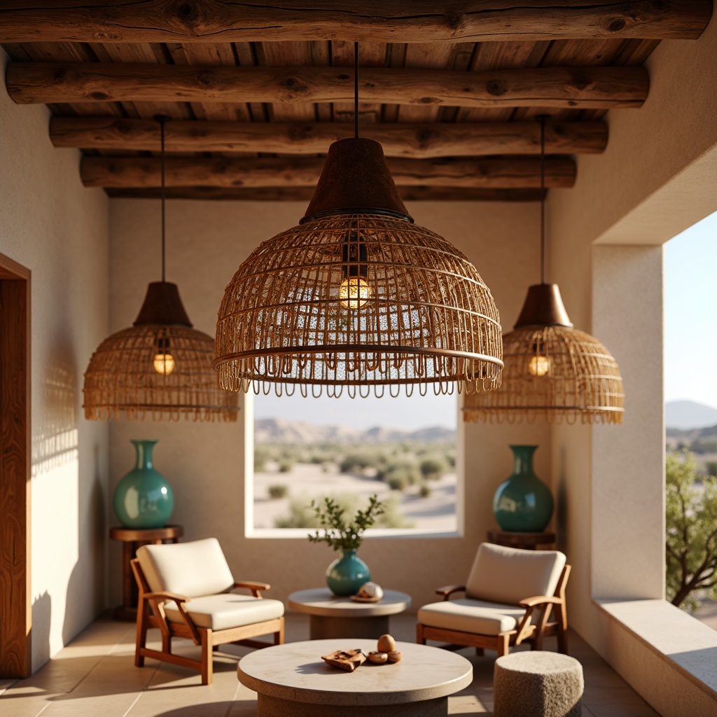 Prompt: Rustic pendant lamps, earthy terracotta tones, woven rattan shades, distressed metal accents, vintage-inspired lanterns, wooden ceiling beams, natural linen textures, warm beige walls, turquoise glass accents, desert landscape views, sunny afternoon light, soft warm glow, ambient shadowing, 1/1 composition, realistic renderings, subtle depth cues.