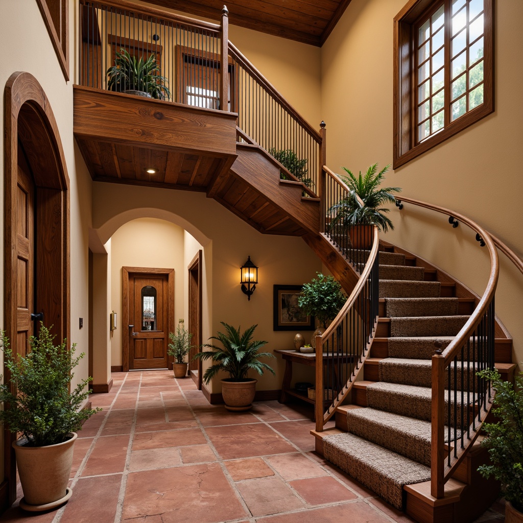 Prompt: Earthy Southwestern staircase, reclaimed wood banisters, carved wooden newels, wrought iron railings, rustic metal lanterns, warm terracotta flooring, earthy tone walls, natural stone accents, woven wool textiles, vibrant turquoise decorative accents, ambient warm lighting, shallow depth of field, 3/4 composition, realistic textures, subtle shadowing.