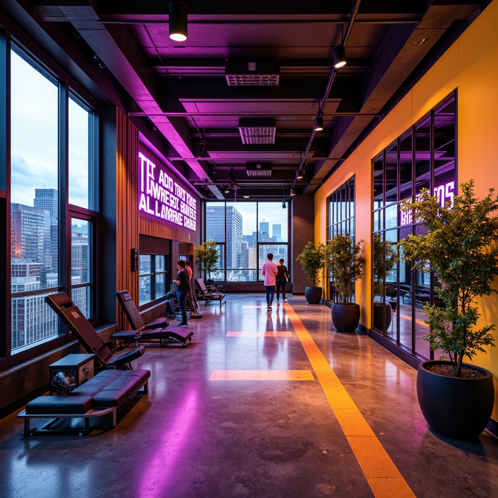 Prompt: Vibrant gym interior, bold color scheme, energetic atmosphere, neon accents, motivational quotes, industrial metal beams, polished concrete floors, modern fitness equipment, sleek LED lighting, dynamic shadows, high-contrast textures, abstract geometric patterns, bold typography, urban loft-style windows, natural wood accents, refreshing greenery, invigorating citrus colors, futuristic ambiance, panoramic views, 1/2 composition, dramatic spotlighting.