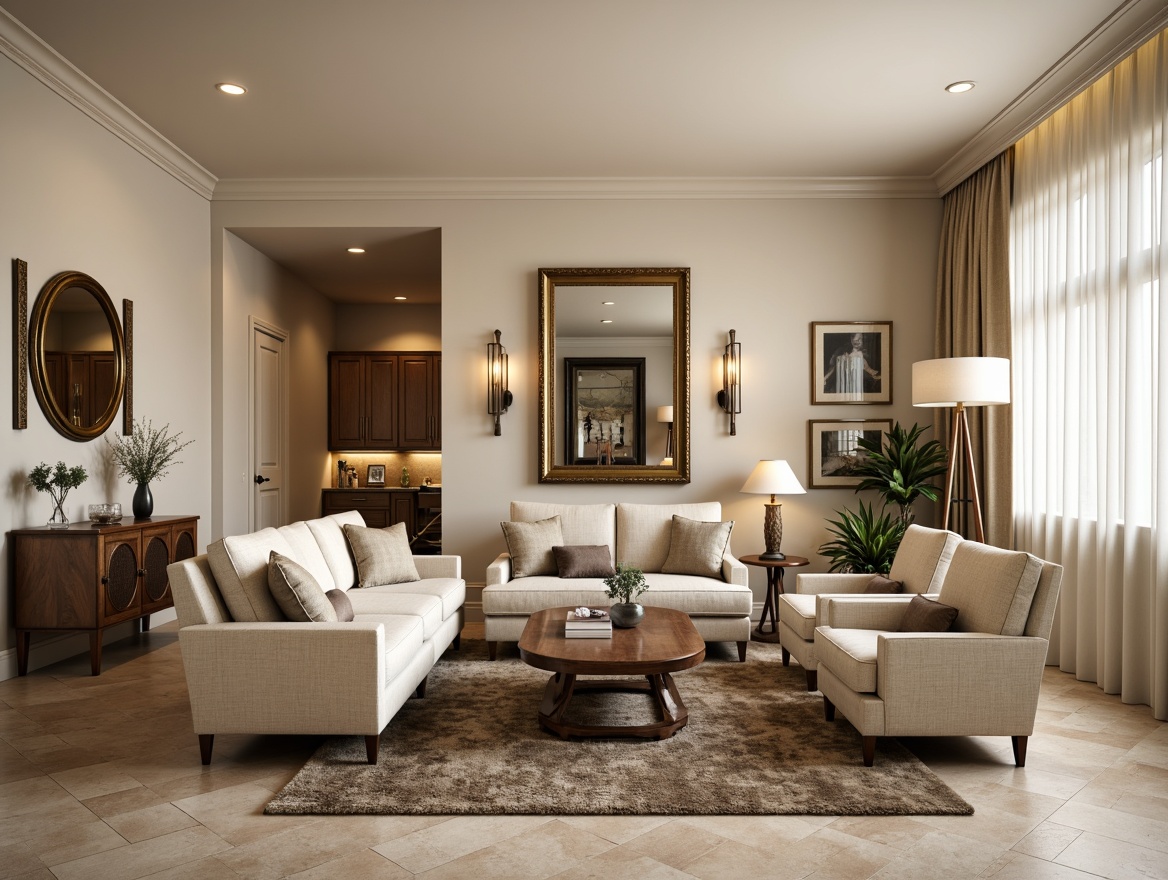 Prompt: Elegant living room, neutral color palette, comfortable sofas, accent chairs, wooden coffee tables, ornate mirrors, plush area rugs, traditional cabinets, modern metallic lighting fixtures, soft warm glow, natural stone flooring, beige walls, cream-colored upholstery, subtle patterns, classic lines, balanced composition, harmonious contrast, inviting atmosphere.