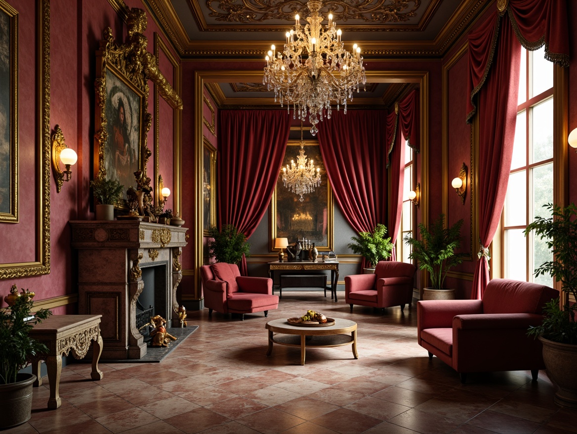 Prompt: Opulent baroque interior, rich velvet drapes, ornate golden frames, intricate marble patterns, lavish crystal chandeliers, sumptuous silk upholstery, distressed wooden accents, warm candlelight, soft focus, shallow depth of field, 1/2 composition, realistic textures, ambient occlusion, dramatic shadows, high contrast lighting.