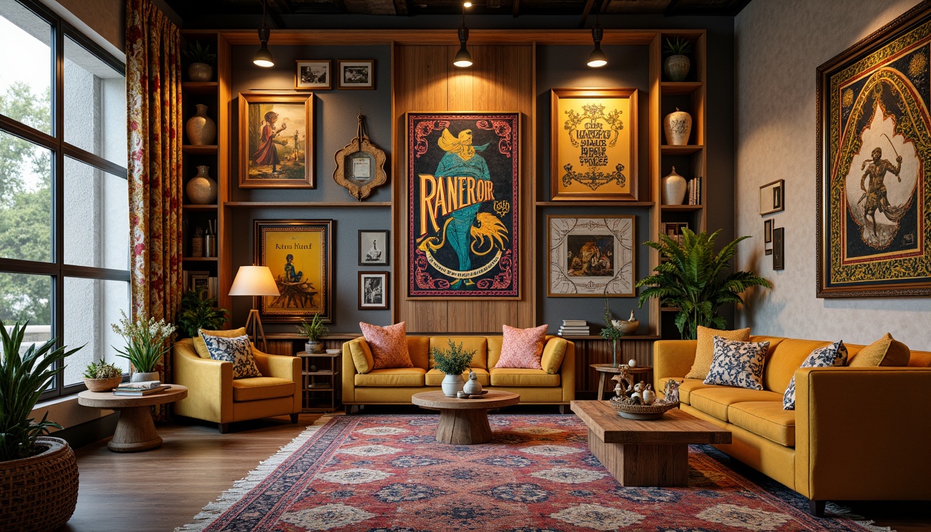 Prompt: Vibrant eclectic interior, abstract artwork, bold typography, vintage posters, distressed wooden frames, ornate mirrors, colorful tapestries, Moroccan-inspired tiles, unique sculptures, industrial metal shelves, reclaimed wood accent walls, plush velvet sofas, oversized floor lamps, patterned rugs, ethnic textiles, natural fiber baskets, earthy tones, warm golden lighting, 1/1 composition, shallow depth of field, realistic textures.