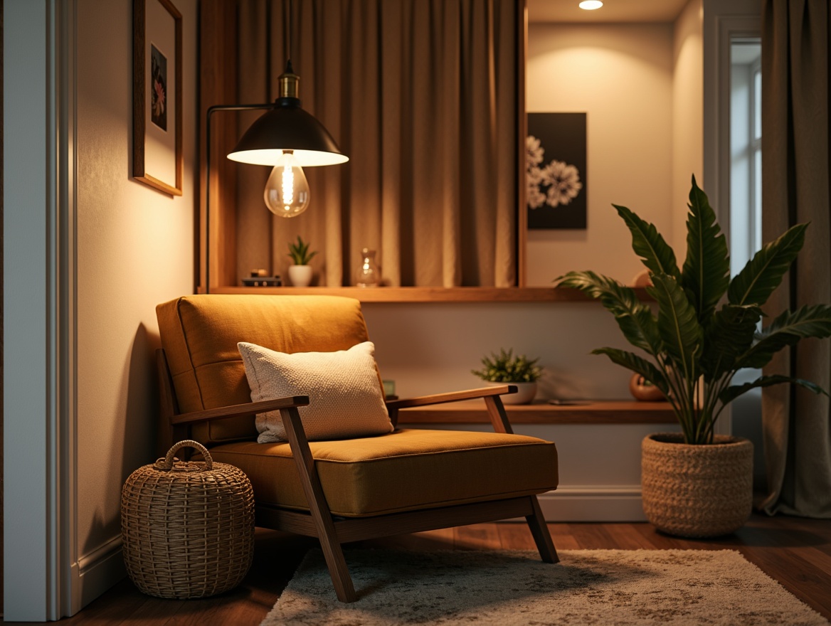 Prompt: Cozy reading nook, plush velvet armchair, wooden side table, warm ambient lighting, stylish pendant lamp, industrial metal shade, Edison bulb, minimalist design, soft warm glow, relaxing atmosphere, natural wood accents, woven wicker basket, potted greenery, comfortable throw pillows, soft beige walls, creamy white trim, modern rustic decor, intimate setting, warm color palette, 1/2 composition, shallow depth of field, realistic textures.