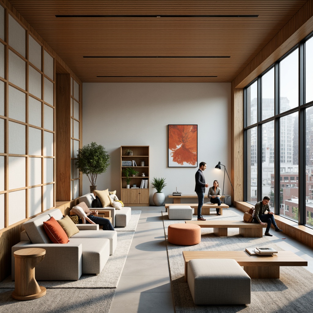 Prompt: Modern office interior, sound-absorbing acoustic panels, minimalist design, natural wood tones, soft fabric upholstery, ergonomic furniture, collaborative workspaces, creative brainstorming areas, floor-to-ceiling windows, warm ambient lighting, 1/2 composition, shallow depth of field, realistic textures, ambient occlusion.