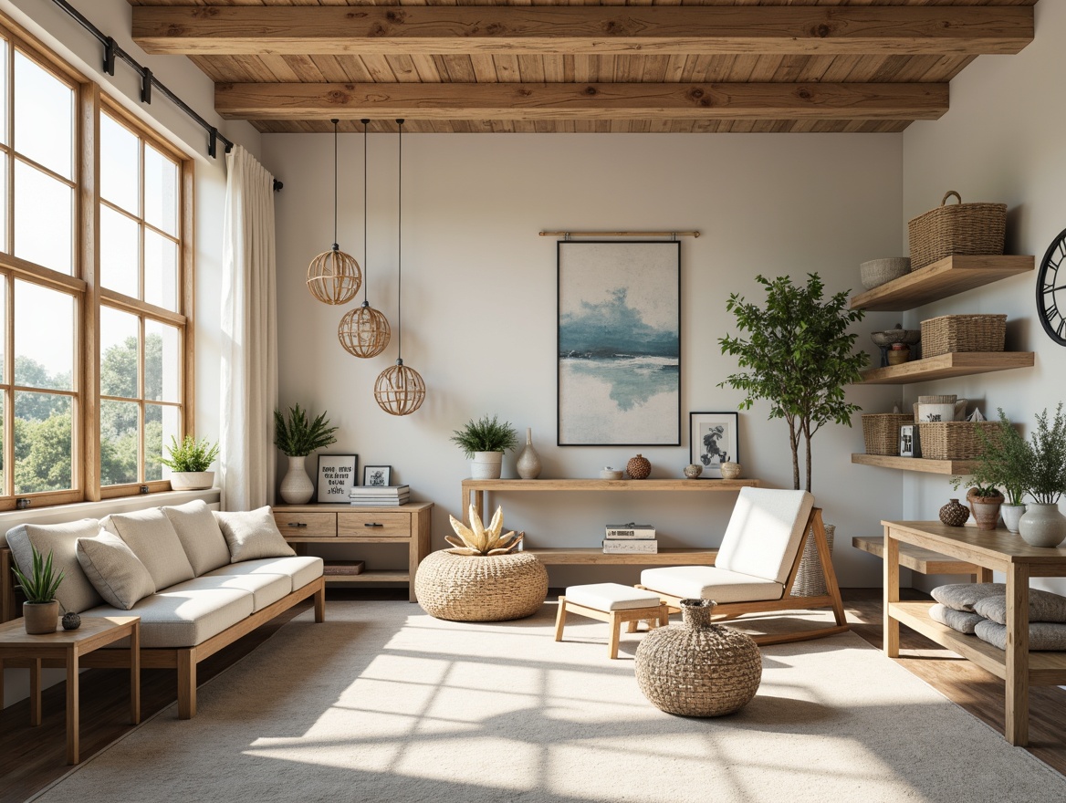 Prompt: Soft pastel hues, creamy whites, gentle blues, warm beige tones, natural textures, woven baskets, rustic wooden accents, vintage metal signs, distressed finishes, cozy interior lighting, warm afternoon sunlight, shallow depth of field, 1/1 composition, realistic fabrics, ambient occlusion.