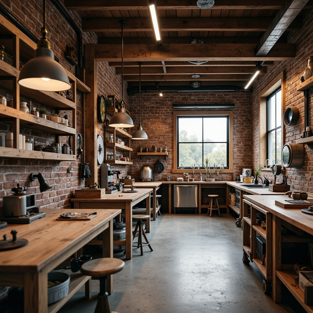 Prompt: Rustic workshop interior, wooden workbenches, vintage tools, distressed metal shelves, industrial lighting fixtures, exposed brick walls, polished concrete floors, modern storage units, sliding glass doors, ergonomic stools, natural wood accents, earthy color palette, warm soft lighting, shallow depth of field, 1/1 composition, realistic textures, ambient occlusion.