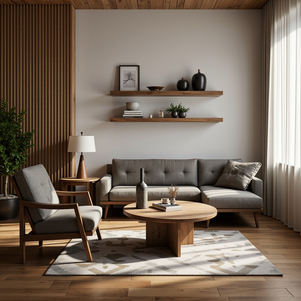 Prompt: Mid-century modern living room, minimalist decor, sleek low-profile sofa, tufted velvet armchair, reclaimed wood coffee table, geometric patterned rug, industrial metal floor lamp, rustic wooden wall shelves, natural fiber textiles, earthy color palette, warm ambient lighting, shallow depth of field, 3/4 composition, realistic textures, soft focus.