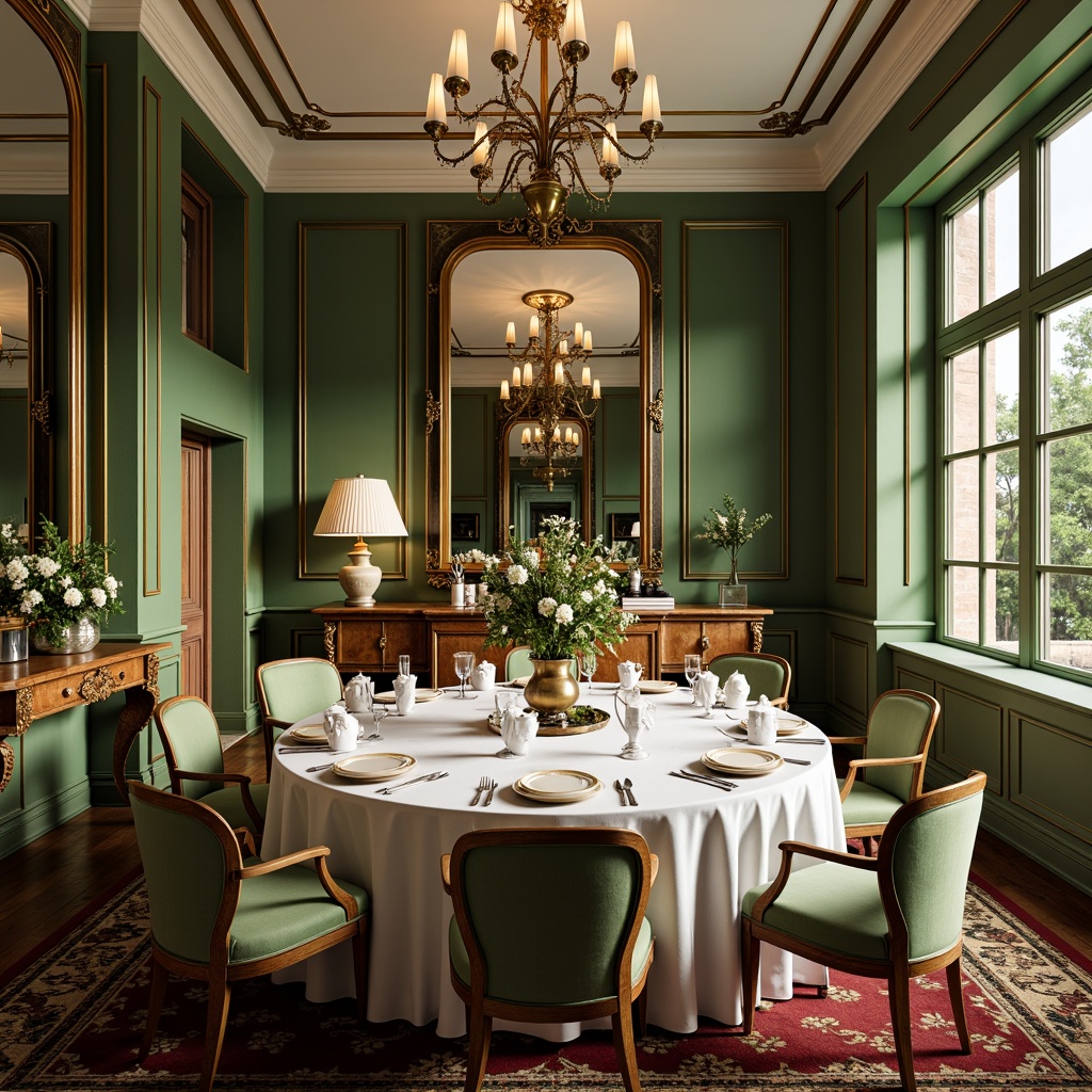 Prompt: Elegant dining room, ornate wooden furniture, flowing organic lines, vintage metalwork, luxurious velvet fabrics, rich jewel-toned colors, emerald green walls, golden accents, creamy whites, soft pastel hues, warm ambient lighting, dramatic shadows, ornate mirrors, floral patterns, sinuous curves, intricate moldings, sophisticated elegance, 1920s-inspired decor, refined luxury, majestic chandeliers, subtle texture overlays, realistic material reflections.