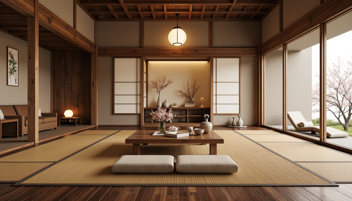 Prompt: \Traditional Japanese tatami mats, dark hardwood floors, rich walnut wood grain, subtle sheen finish, natural fiber rugs, woven bamboo textures, earthy tone ceramics, minimalist design, low-seating furniture, sliding shoji screens, paper lantern lighting, serene ambiance, warm beige walls, delicate cherry blossom patterns, soft diffused light, 1/1 composition, realistic wood grain details.\