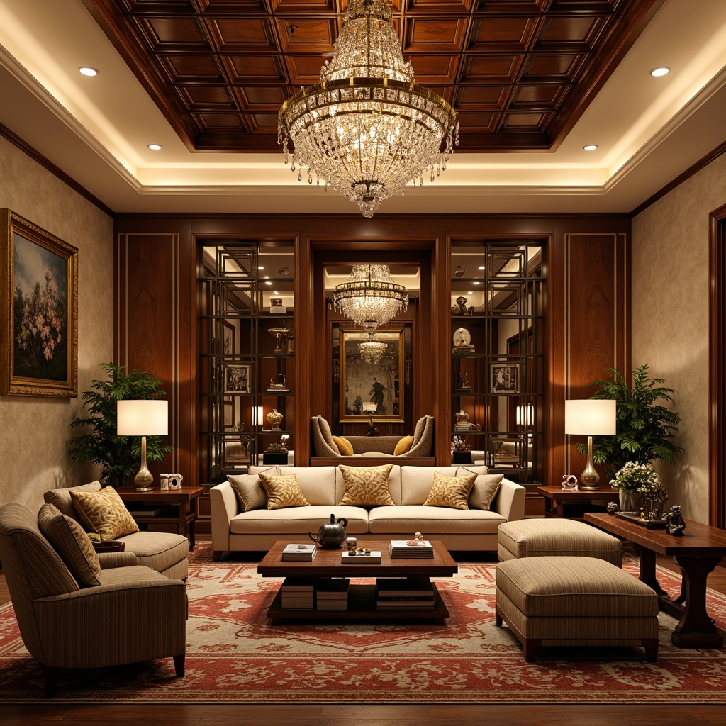 Prompt: Luxurious family room, opulent Art Deco style, rich wood paneling, ornate mirrors, metallic accents, geometric patterns, bold color schemes, statement lighting fixtures, lavish textiles, plush furniture, warm beige walls, decorative trim work, gilded frames, vintage accessories, cozy reading nooks, warm ambient lighting, shallow depth of field, 1/1 composition, soft focus blur.