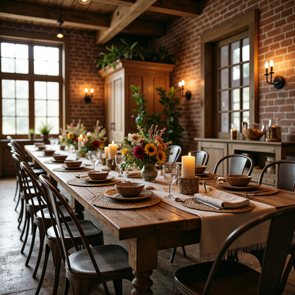 Prompt: Rustic wooden tables, vintage metal chairs, distressed finishes, warm candlelight, natural linen tablecloths, wildflower centerpieces, earthy color palette, reclaimed wood accents, exposed brick walls, large windows, soft diffused light, cozy atmosphere, classic farmhouse decor, antique dinnerware, woven placemats, nature-inspired patterns, autumnal colors, seasonal decorations, layered textiles, inviting ambiance, warm beige tones, organic shapes, elegant simplicity.