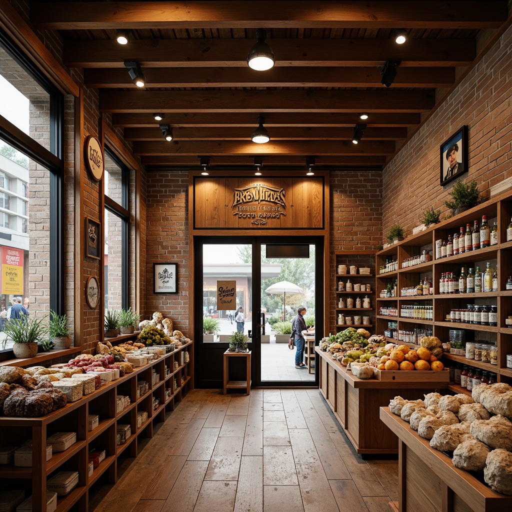 Prompt: Traditional grocery store interior, warm wooden shelves, ornate metal brackets, vintage-style signage, distressed wood floors, exposed brick walls, rustic decorative accents, soft warm lighting, cozy atmosphere, abundant natural textures, earthy color palette, classic product displays, nostalgic packaging designs, realistic wood grain details, shallow depth of field, 1/2 composition, inviting storefront, large windows, traditional entrance doors.