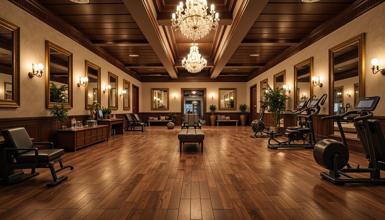 Prompt: Richly textured wood flooring, dark stained oak, warm beige tones, classic gym atmosphere, vintage exercise equipment, ornate mirrors, luxurious locker rooms, natural stone accents, earthy color palette, traditional architectural details, grand chandeliers, soft warm lighting, shallow depth of field, 3/4 composition, realistic textures, ambient occlusion.