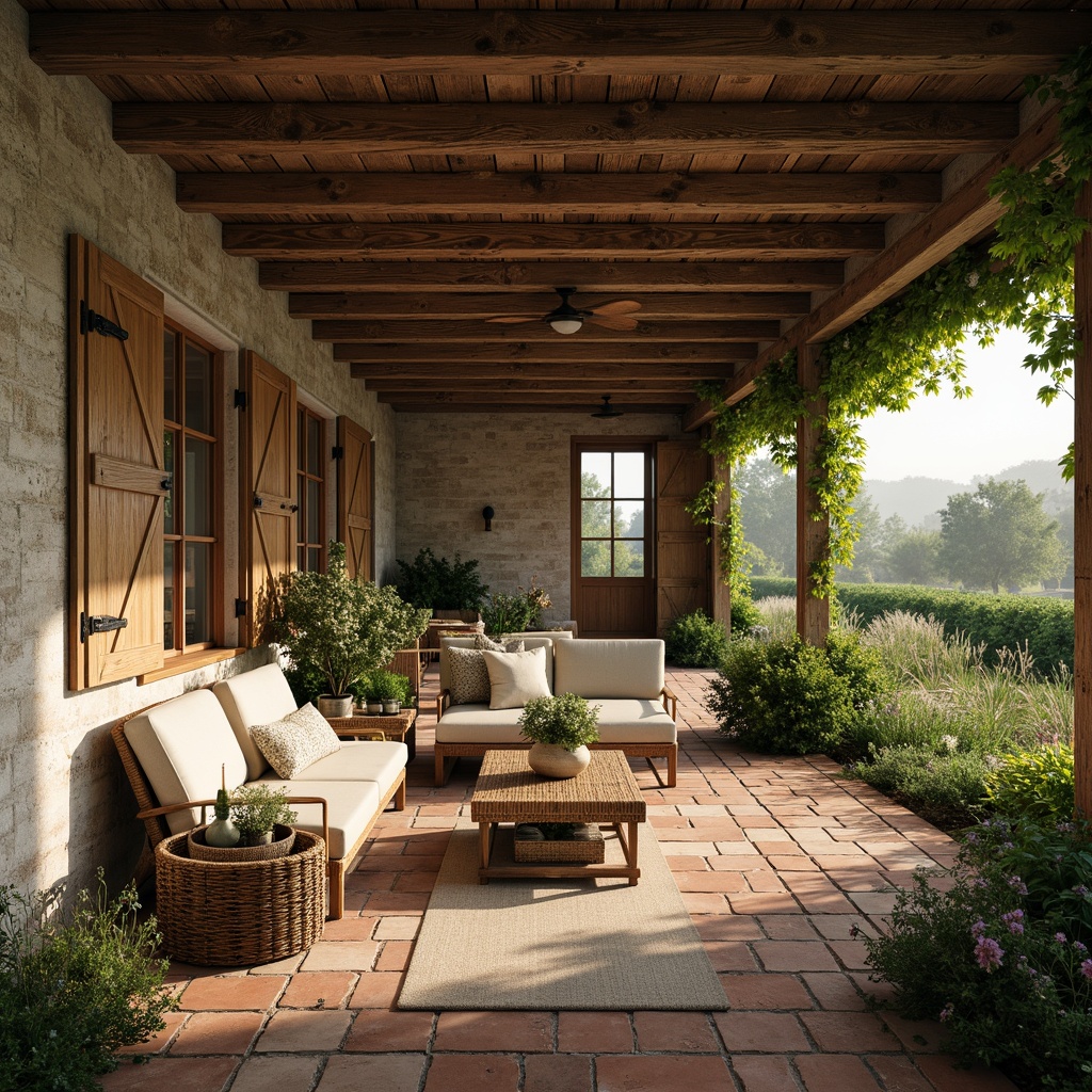 Prompt: Rustic French country cottage, distressed wooden beams, worn stone walls, ornate metal door handles, vintage windows, soft warm lighting, natural linen fabrics, woven rattan furniture, earthy terracotta floors, aged brick patios, lush greenery, overgrown vines, blooming wildflowers, misty morning atmosphere, shallow depth of field, 1/2 composition, realistic textures, ambient occlusion.