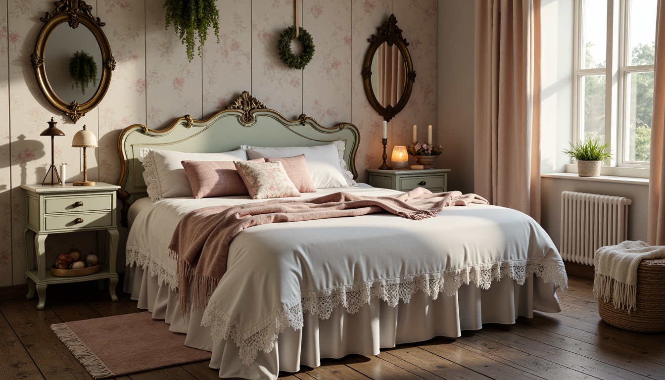 Prompt: Vintage distressed furniture, soft pastel hues, lace trimming, floral patterns, ruffled duvets, velvet pillows, rustic wooden floors, distressed finishes, ornate mirrors, feminine accents, romantic ambiance, warm candlelight, gentle shadows, 1/2 composition, intimate atmosphere, realistic fabrics, subtle color palette.