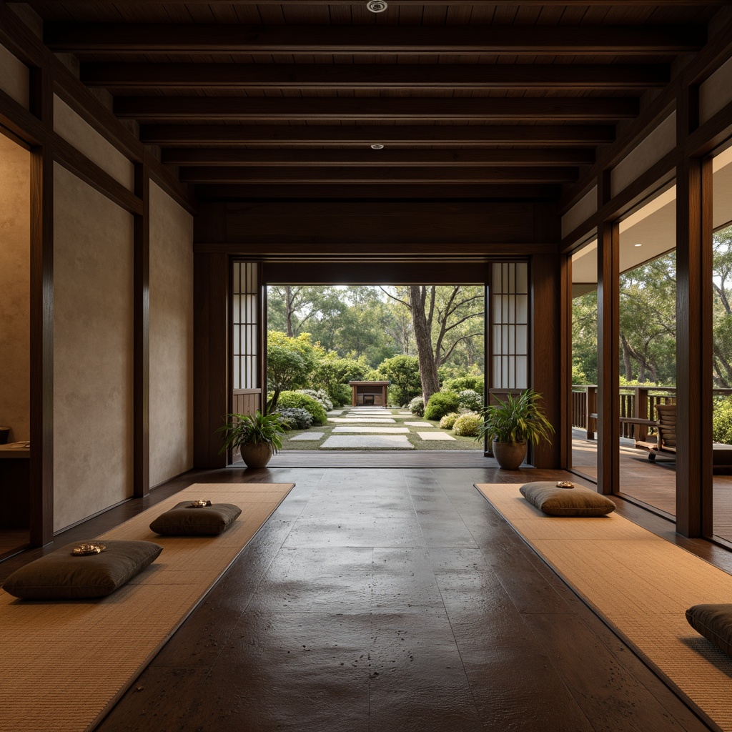 Prompt: Traditional Japanese tatami rooms, dark hardwood floors, natural stone pathways, woven bamboo mats, soft silk rugs, subtle wood grain textures, minimalist design, warm neutral color palette, ambient lighting, shallow depth of field, 1/1 composition, serene atmosphere, traditional Asian-inspired patterns.