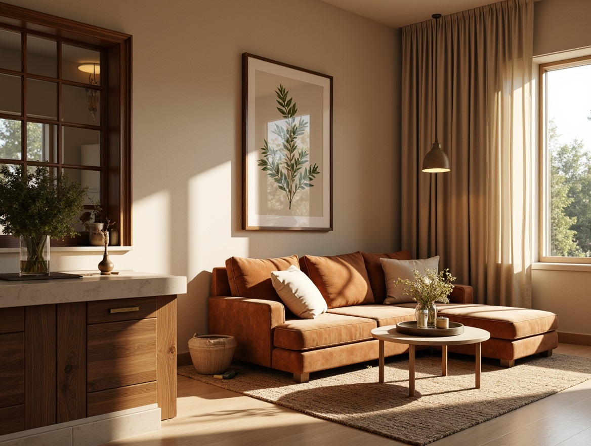 Prompt: Cozy living room, warm beige walls, rich walnut wood furniture, plush velvet sofas, soft golden lighting, creamy marble countertops, natural fiber rugs, earthy terracotta accents, calming greenery, serene botanical prints, gentle morning sunlight, shallow depth of field, 2/3 composition, realistic textures, ambient occlusion.