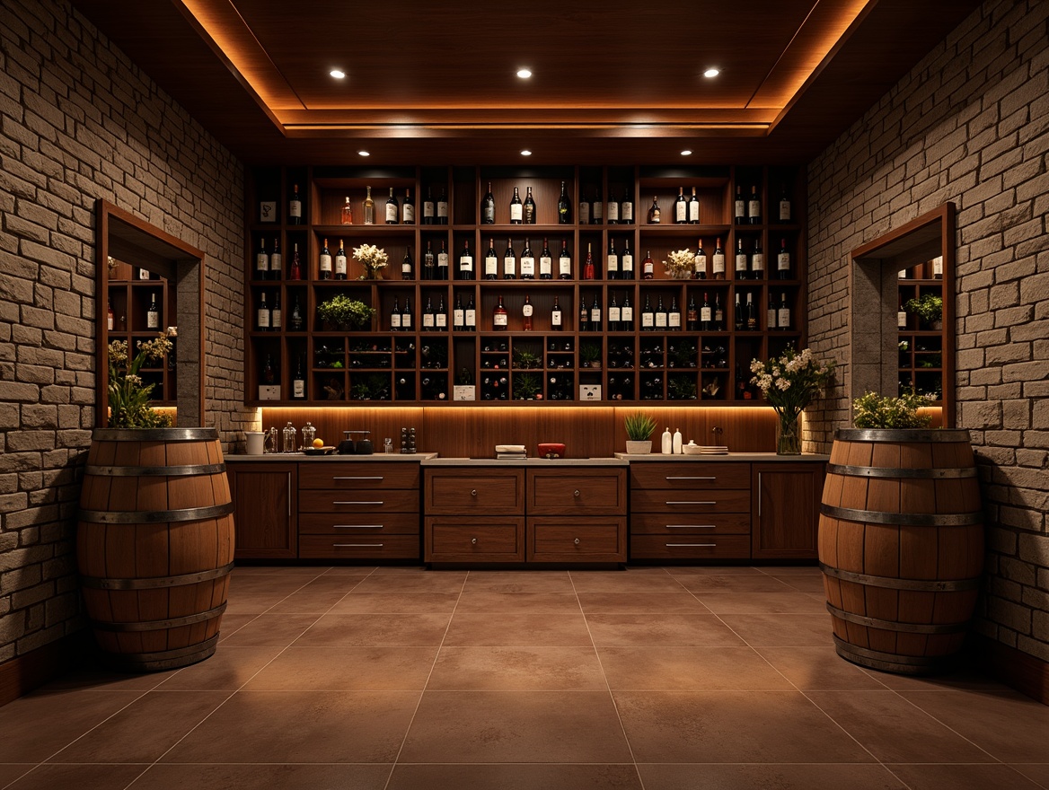 Prompt: Luxurious wine cellar, rich wood tones, dim warm lighting, stone walls, rustic wooden barrels, elegant wine racks, temperature-controlled environment, humidity-regulated atmosphere, dark-stained hardwood flooring, polished concrete floors, natural stone tiles, terracotta-inspired ceramics, subtle sheen finish, minimal reflections, soft warm ambiance, cozy intimate setting, refined sophisticated decor.