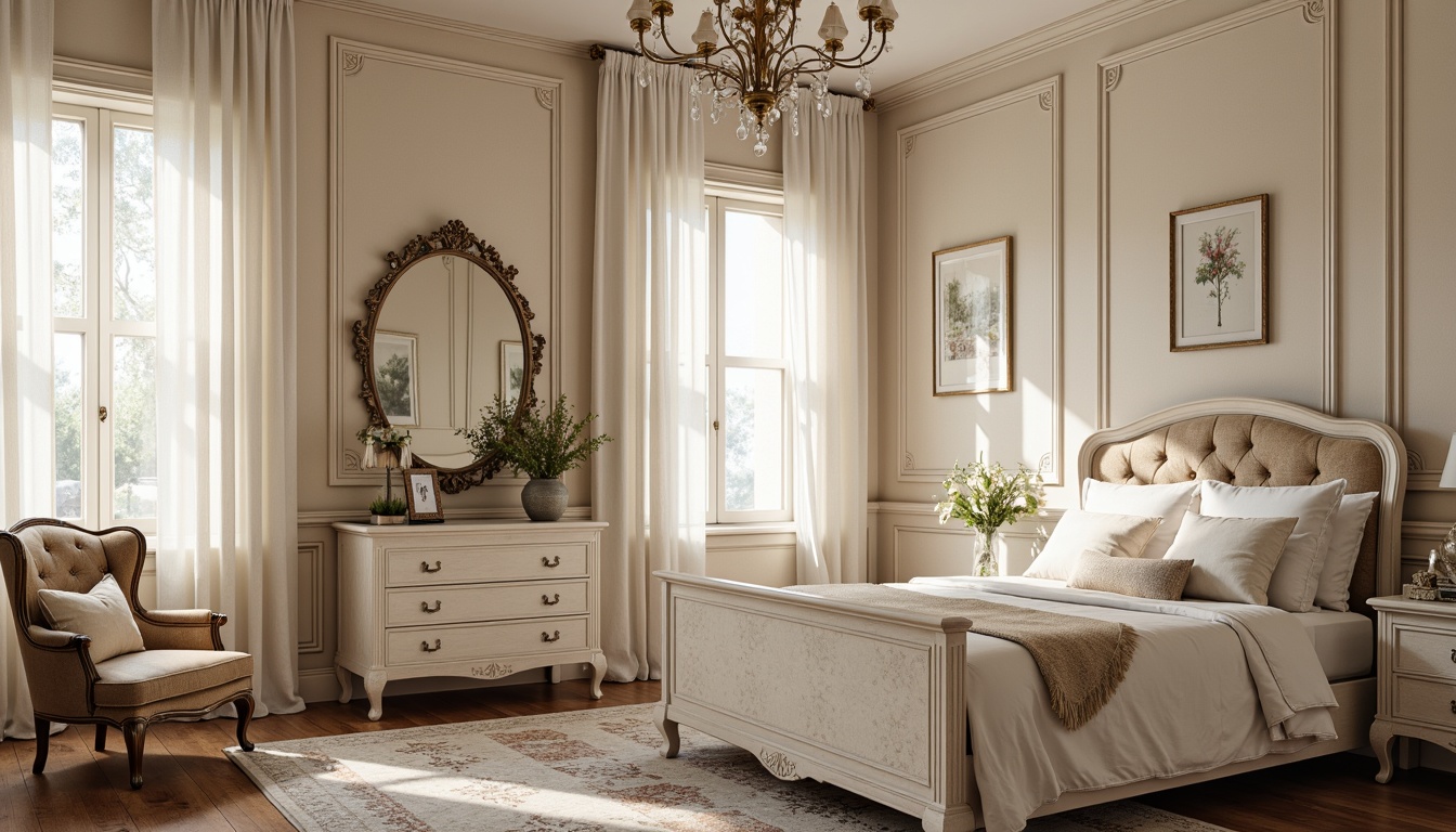 Prompt: Soft, feminine bedroom, vintage distressed finishes, white-painted wood, ornate metal details, plush area rugs, floral patterns, lace curtains, delicate chandeliers, pastel color palette, worn leather armchairs, antique furniture pieces, natural light, warm beige walls, elegant tufted headboards, crystal knobs, rustic wooden flooring, romantic ambiance, dreamy atmosphere.