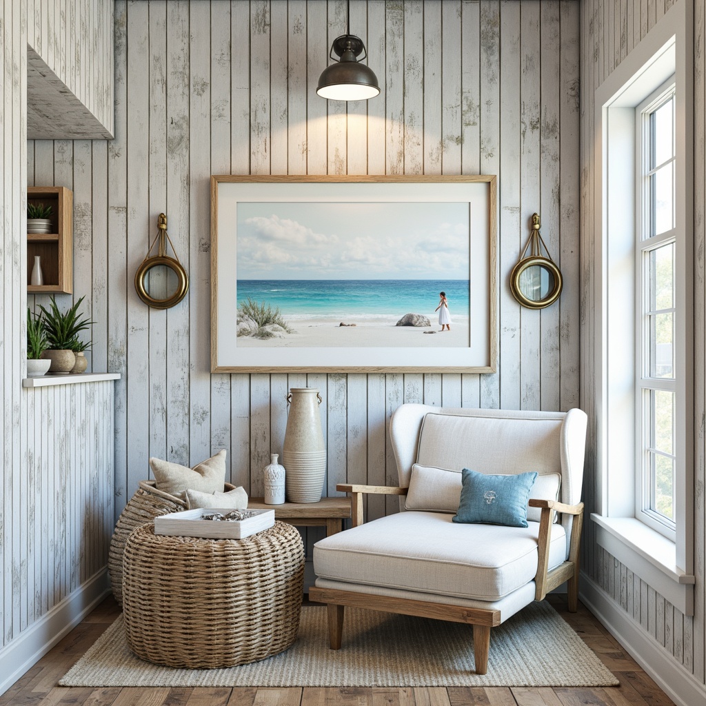 Prompt: Weathered wooden planks, driftwood accents, ocean-inspired color palette, soft blue hues, calming whites, sandy neutrals, natural textures, distressed finishes, reclaimed wood, rustic metal details, beachy vibe, nautical elements, ropes and anchors, porthole windows, shiplap siding, ocean-breeze-inspired lighting, airy atmosphere, minimalist decor, coastal-themed artwork, seashell decorations, coral patterns, woven sea grass textiles.