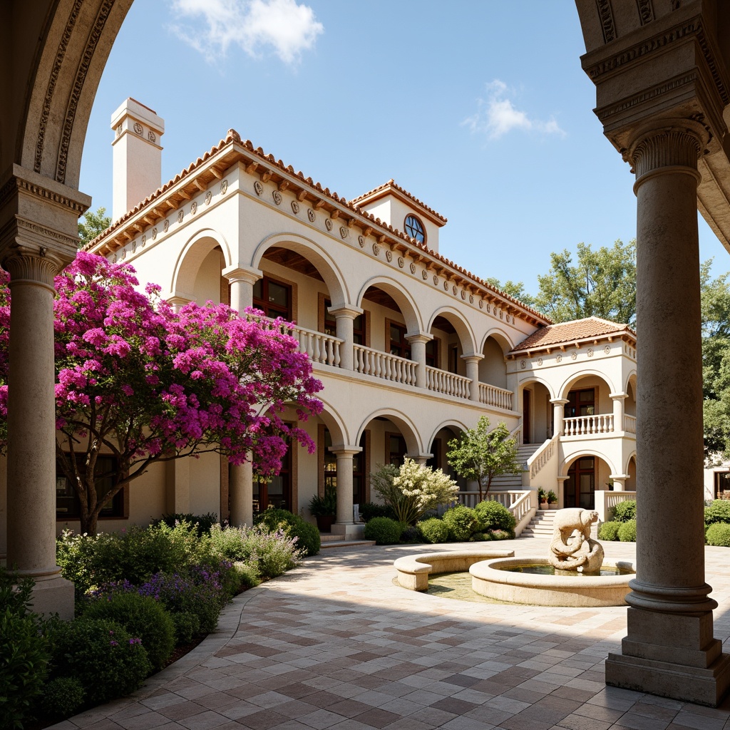 Prompt: Grandiose courthouse building, Mediterranean style archways, ornate stone carvings, rustic stucco walls, clay tile roofs, vibrant bougainvillea flowers, lush greenery, tranquil fountains, grand staircases, elegant columns, arched windows, decorative ironwork, warm sunny day, soft natural lighting, shallow depth of field, 3/4 composition, symmetrical perspective, realistic textures, ambient occlusion.