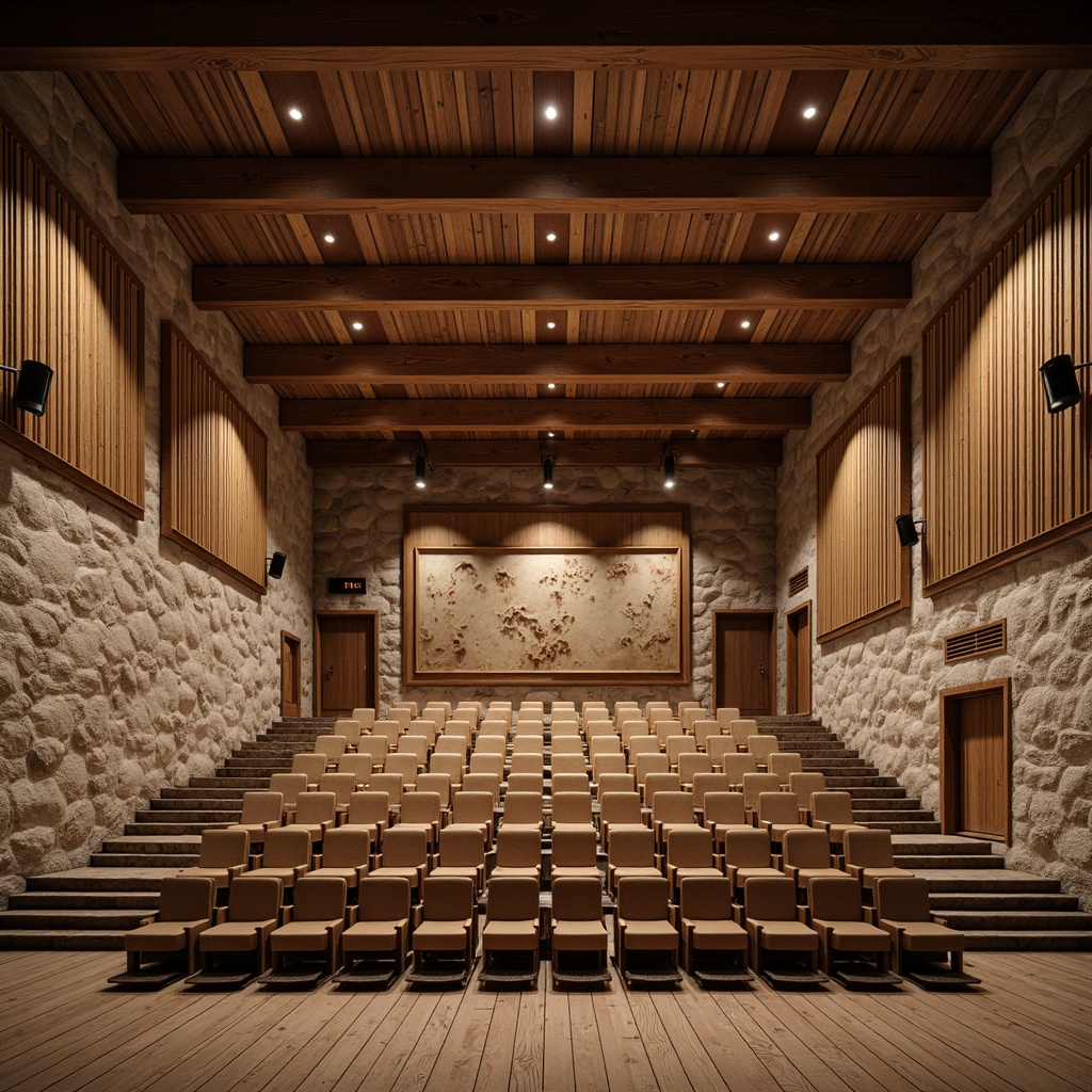 Prompt: Rustic auditorium, wooden beam ceilings, stone walls, natural textures, earthy color palette, wooden floorboards, vintage acoustic panels, sound-absorbing materials, woven fabric upholstery, reclaimed wood accents, metal lanterns, warm cozy ambiance, soft diffused lighting, 1/1 composition, realistic rendering, ambient occlusion, shallow depth of field.