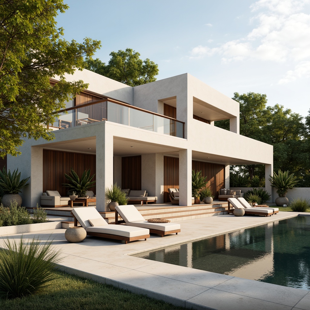 Prompt: Luxurious villa, modern architecture, sleek lines, minimalist design, neutral color palette, creamy whites, warm beiges, rich wood tones, soft grays, taupe accents, natural stone walls, large windows, sliding glass doors, lush greenery, tropical plants, sunny day, soft warm lighting, shallow depth of field, 3/4 composition, panoramic view, realistic textures, ambient occlusion.