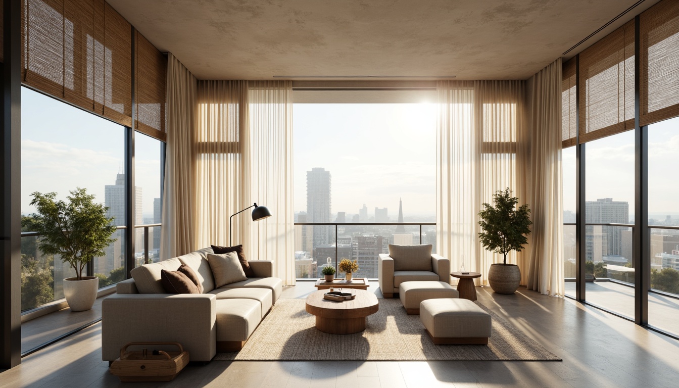 Prompt: Minimalist interior, sleek modern furniture, floor-to-ceiling windows, flowing drapery, sheer curtains, roller shades, plantation shutters, bamboo blinds, natural linen fabrics, neutral color palette, abundant natural light, soft warm glow, shallow depth of field, 3/4 composition, panoramic view, realistic textures, ambient occlusion, urban cityscape, cosmopolitan vibe, sophisticated ambiance.