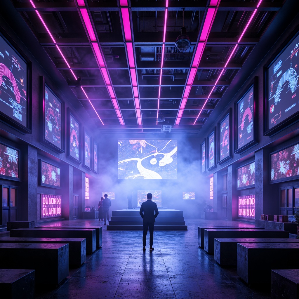 Prompt: Neon-lit stage, futuristic concert hall, metallic beams, LED light strips, holographic projections, 3D visual effects, strobe lights, fog machines, misty atmosphere, dark blue tones, neon pink accents, electric guitar shapes, DJ booths, soundwave patterns, iridescent fabrics, mirror-like reflections, laser-cut metal decorations, ambient glow, shallow depth of field, cinematic composition, high-contrast lighting, avant-garde architecture, sleek minimalism.