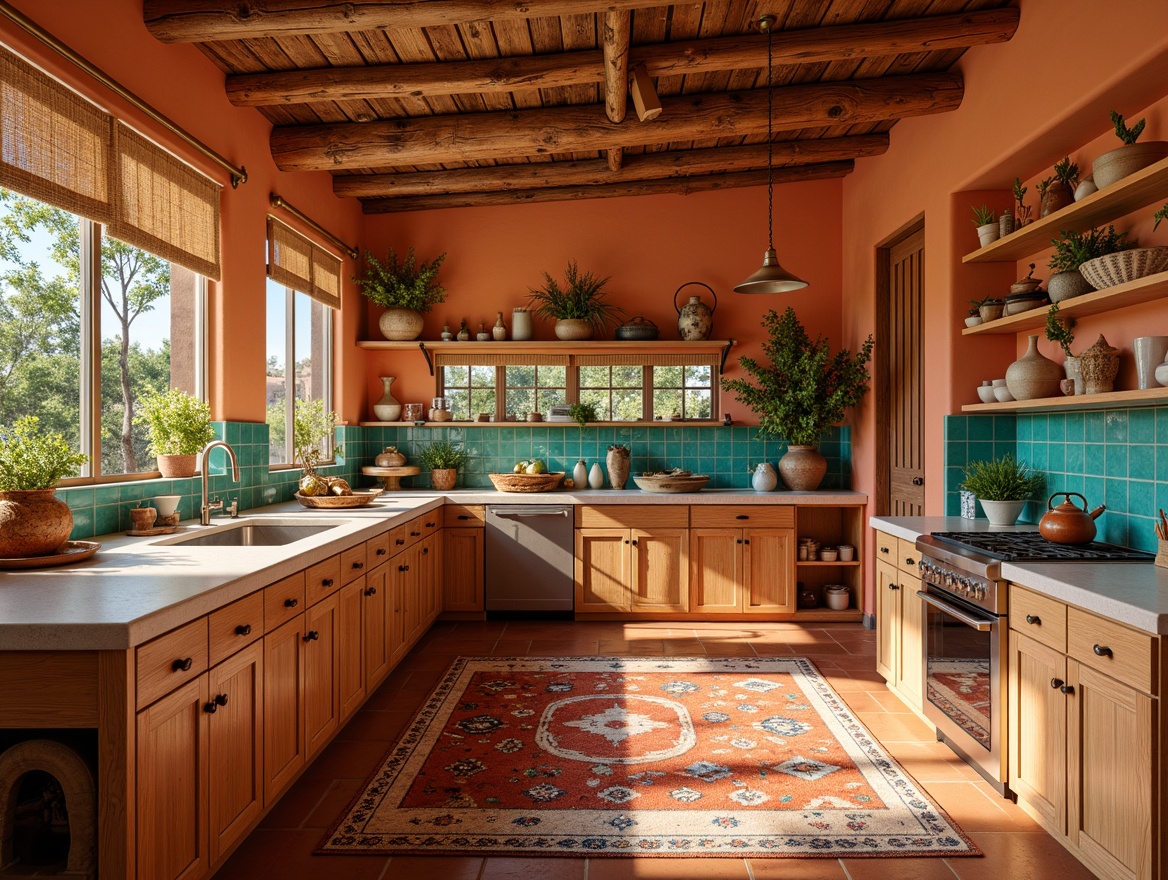 Prompt: Vibrant southwestern kitchen, warm terracotta flooring, rustic wooden cabinets, turquoise glass tiles, woven Native American-inspired textiles, bold geometric patterns, earthy color palette, natural stone countertops, pendant lighting, modern appliances, open shelving, ceramic vases, cactus plants, warm sunny day, soft warm lighting, shallow depth of field, 3/4 composition, realistic textures, ambient occlusion.