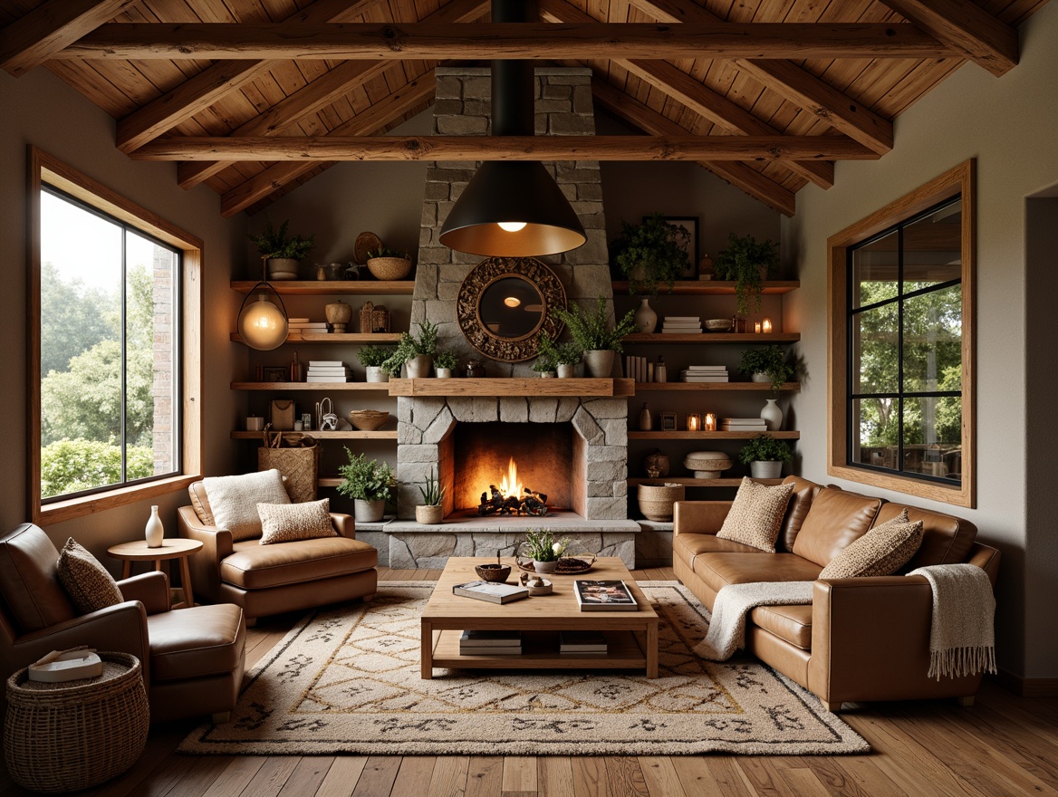 Prompt: Cozy cabin, natural wood accents, stone walls, earthy tones, woven baskets, plush throw blankets, vintage rugs, distressed leather furniture, wooden beams, candles, warm fireplaces, rustic metal decor, autumnal colors, organic patterns, jute fabrics, linen textiles, burlap upholstery, natural fibers, chunky knits, soft velvets, warm lighting, intimate atmosphere, 1/2 composition, shallow depth of field, realistic textures.