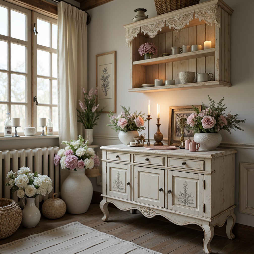 Prompt: Distressed vintage furniture, soft pastel hues, gentle florals, lace trimmings, ornate metalwork, distressed wood textures, warm candlelight, romantic ambiance, French country-inspired decor, delicate porcelain vases, antique accessories, muted color palette, creamy whites, pale pinks, baby blues, mauve accents, subtle sheen, natural fabrics, linen drapes, rustic wooden floors, cozy nooks, intimate settings, shallow depth of field, 1/1 composition, warm golden lighting.