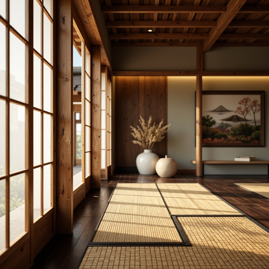 Prompt: Traditional Japanese tatami mats, natural bamboo flooring, hand-scraped wood planks, rich dark hardwood floors, ornate ceramic tiles, intricately patterned rugs, serene water-inspired motifs, subtle Asian-inspired colors, warm golden lighting, 3/4 composition, shallow depth of field, realistic textures.