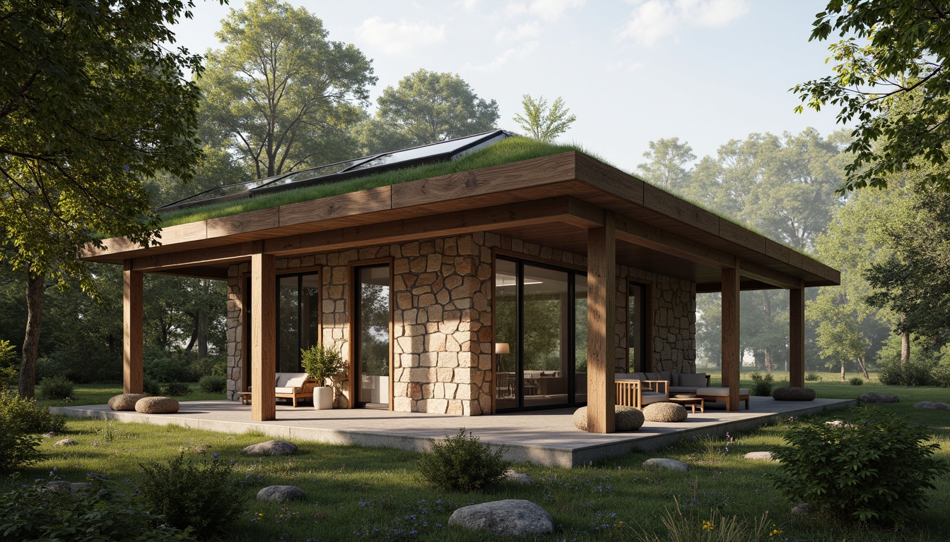 Prompt: Rustic pavilion, natural stone walls, wooden beams, green roof, lush foliage, skylights, large windows, sliding glass doors, clerestory windows, transparent roofing, minimal obstruction, open floor plan, airy atmosphere, soft diffused light, warm glow, subtle shadows, organic textures, earthy tones, serene ambiance, peaceful surroundings, forest backdrop, misty morning, gentle breeze, natural ventilation, passive design, sustainable materials, eco-friendly architecture.