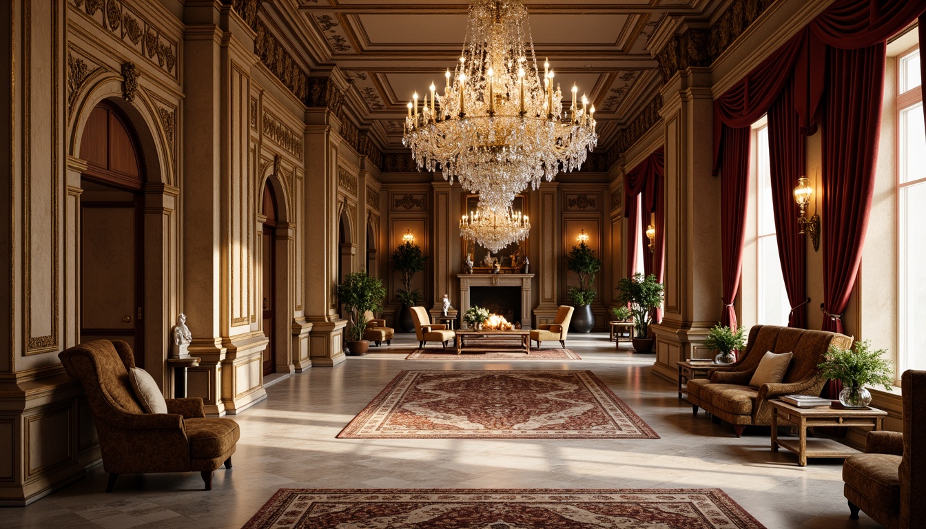 Prompt: Intricate marble floors, lavish crystal chandeliers, ornate wooden paneling, gilded accents, luxurious velvet drapes, majestic stone columns, intricate plasterwork, grand staircases, opulent furnishings, richly patterned rugs, warm golden lighting, shallow depth of field, 2/3 composition, realistic textures, ambient occlusion.