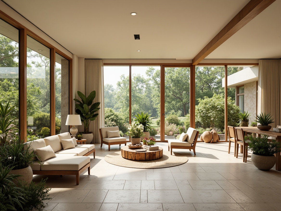 Prompt: Spacious sunroom, floor-to-ceiling windows, sliding glass doors, natural light flooding, warm beige tones, minimalist decor, sleek modern furniture, lush greenery, potted plants, vibrant flowers, rustic wooden accents, natural stone floors, high ceilings, airy atmosphere, soft diffused lighting, shallow depth of field, 1/1 composition, panoramic view, realistic textures, ambient occlusion.