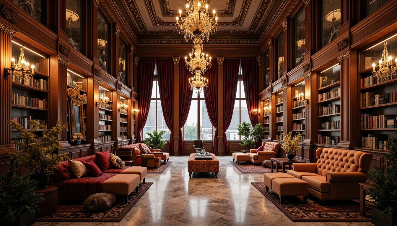 Prompt: Ornate bookstore, rich wood tones, gilded frames, velvet drapes, ornamental mirrors, carved wooden shelves, leather-bound tomes, golden lighting fixtures, intricate marble floors, baroque-style armchairs, plush ottomans, tufted upholstery, lavish tapestries, grandiose chandeliers, warm ambient glow, shallow depth of field, 1/2 composition, soft focus effect, realistic textures, subtle specularity.