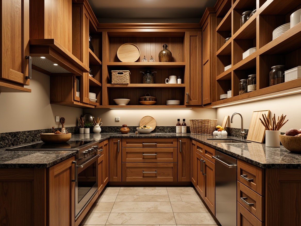 Prompt: Cozy pantry interior, warm wood tones, rustic cabinetry, farmhouse-style shelving, granite countertops, polished chrome fixtures, soft ambient lighting, earthy color palette, natural stone flooring, wooden cutting boards, woven storage baskets, aromatic spices, decorative ceramic jars, modern kitchen appliances, subtle sheen finish, 1/2 composition, intimate atmosphere, realistic textures.