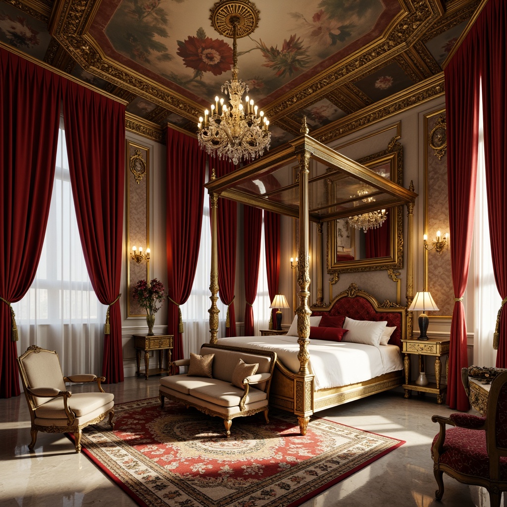 Prompt: Opulent velvet drapes, gilded ornate mirrors, intricately carved wooden furniture, richly patterned rugs, grandiose crystal chandeliers, lavish marble flooring, majestic four-poster beds, ornamental gold accents, intricate fresco ceilings, warm golden lighting, soft focus photography, 1/1 composition, atmospheric misting, realistic fabric textures, ambient occlusion.