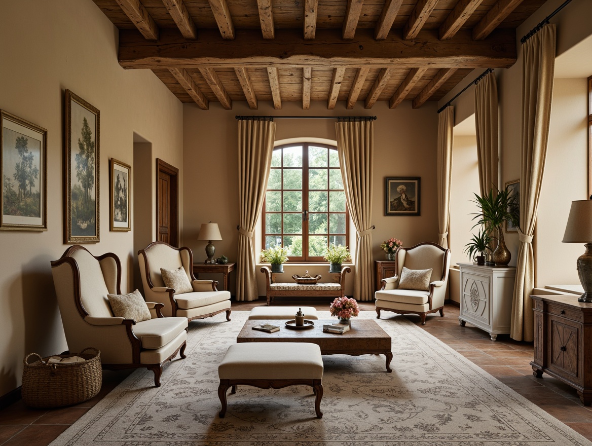 Prompt: Rustic French country estate, vintage distressed wood furniture, soft cream upholstery, ornate carvings, classic berg\u00e8re chairs, elegant Louis XVI armchairs, plush velvet ottomans, natural stone floors, warm beige walls, decorative toile fabrics, rustic wooden beams, cozy candlelit ambiance, morning sunlight, gentle shadows, subtle warm colors, traditional French country decor, antique accessories, vintage artifacts, soft floral patterns, charming rustic textures.