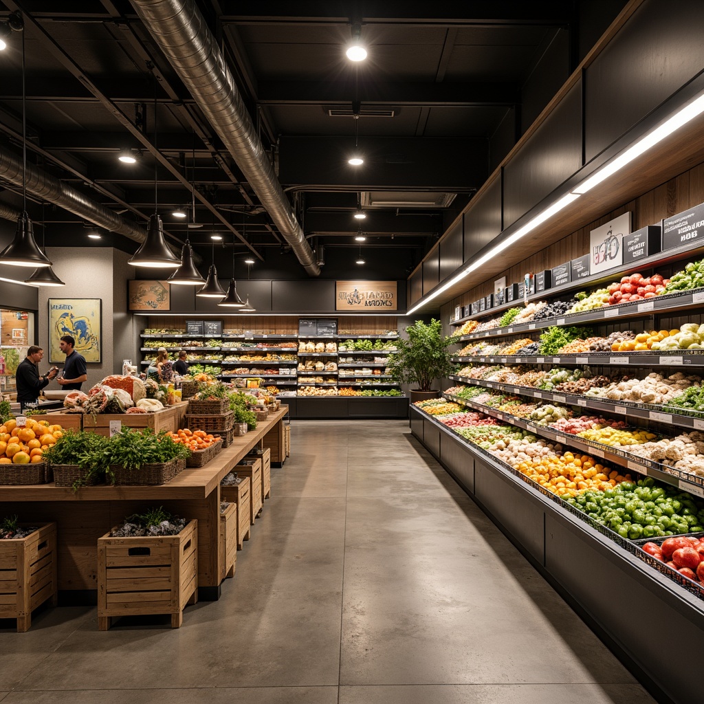 Prompt: Modern grocery store interior, sleek shelving units, fresh produce displays, ambient warm lighting, suspended LED light fixtures, minimalist metal designs, energy-efficient lamps, natural wood accents, polished concrete floors, industrial-chic decor, rustic wooden crates, vintage-inspired signage, soft box lighting, 1/2 composition, realistic reflections, subtle color grading.