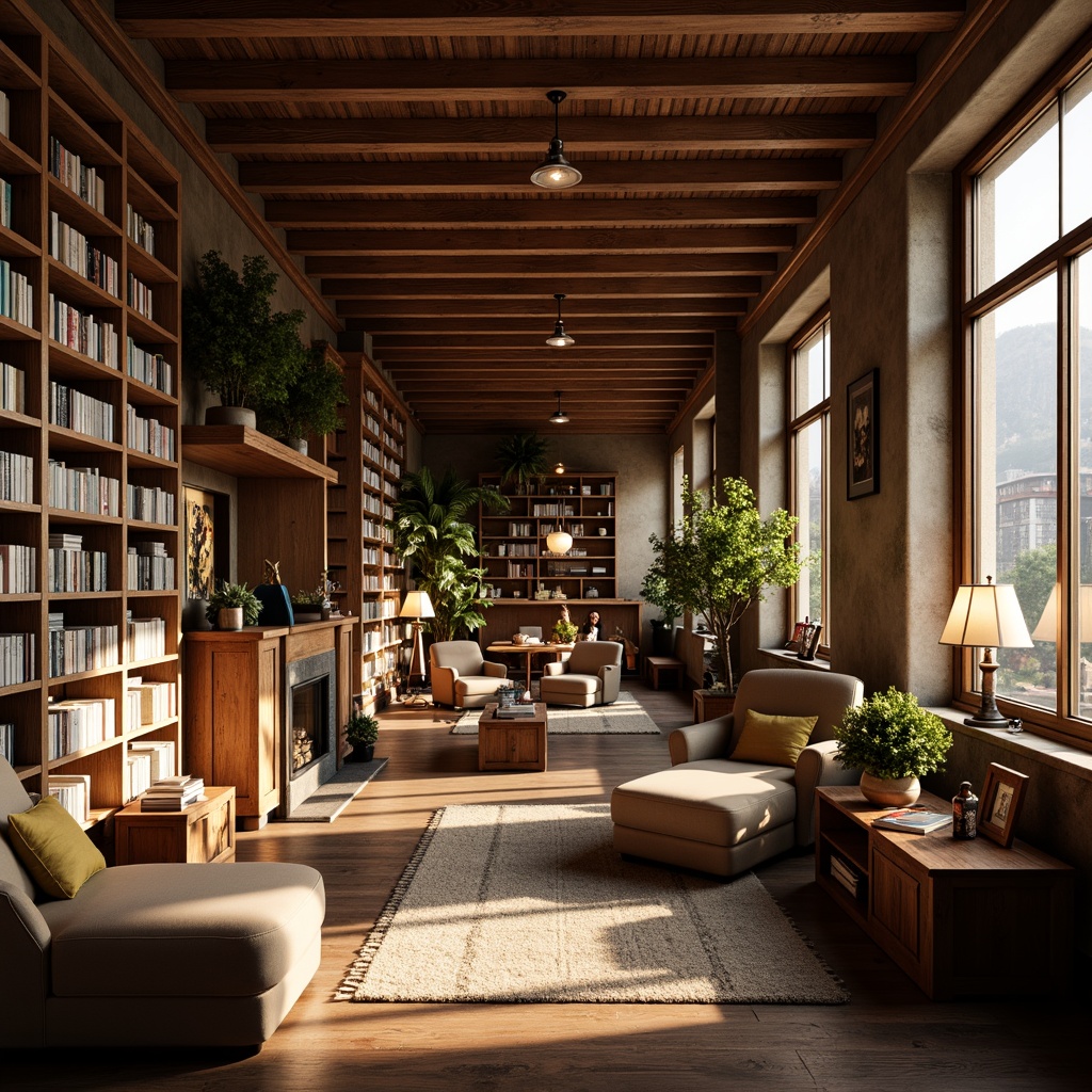 Prompt: Cozy bookstore interior, wooden shelves, leather-bound books, comfortable seating areas, plush armchairs, wooden coffee tables, warm floor lamps, soft cushions, natural wood tones, earthy color palette, peaceful atmosphere, afternoon sunlight, softbox lighting, shallow depth of field, 1/2 composition, intimate scale, realistic textures, ambient occlusion.