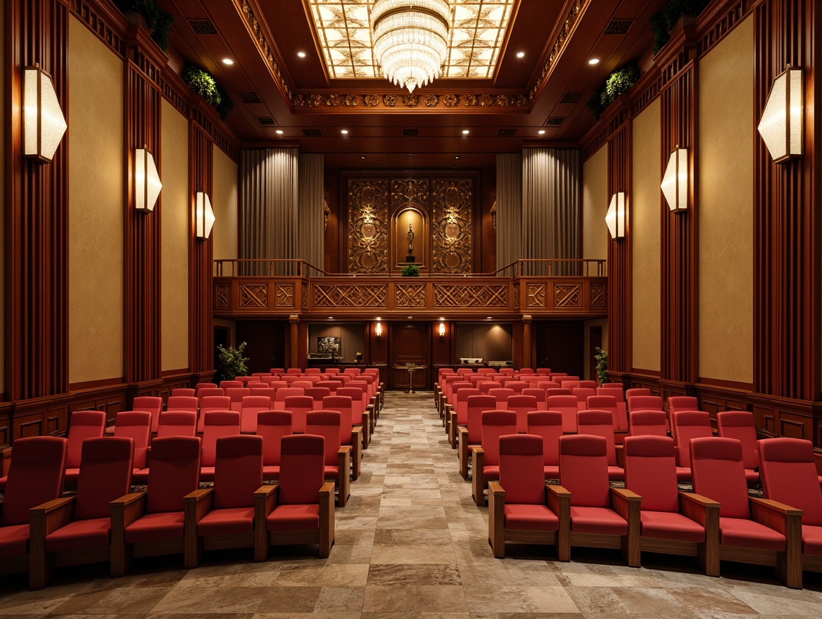 Prompt: Elegant auditorium, rich wood tones, ornate molding, plush red velvet seats, golden accents, sophisticated transitional style, acoustic panels with geometric patterns, sound-absorbing materials, warm ambient lighting, subtle shadows, 1/2 composition, soft focus, realistic textures, natural stone flooring, grand chandeliers, luxurious drapes, refined architectural details, warm beige walls, comfortable seating areas.